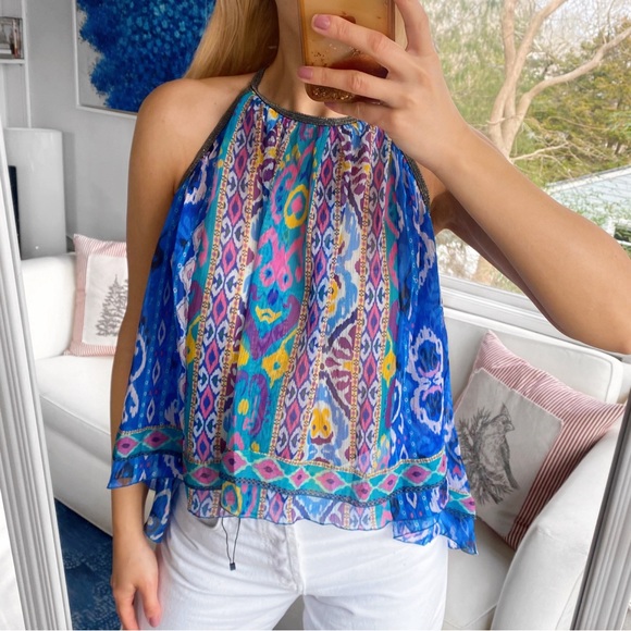 💙 ZARA BOHO BLUE MULTI ABSTRACT COLD SHOULDER LOOSE FIT CROPPED TOP! - Picture 5 of 16